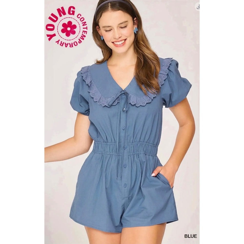 Umgee 100% Cotton Romper Women's Small Blue Peter Pan Collar Puff Sleeve NWT